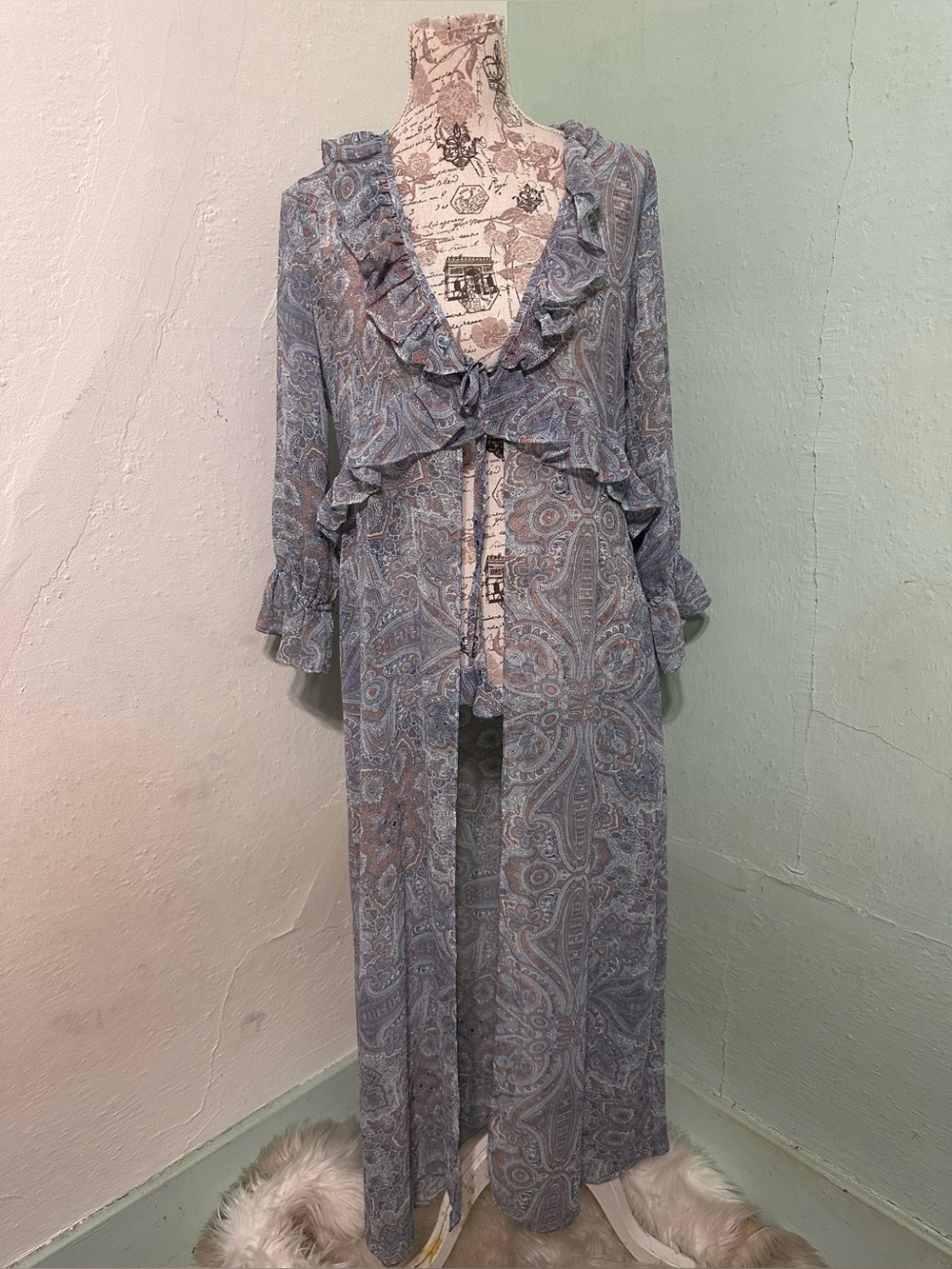 Misa Los Angeles Bohemian Ruffle Tie-Front Maxi Duster Dusty Blue Paisley XS